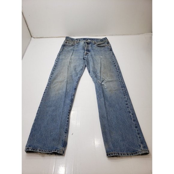Levis 501 Mens Jeans Straight Leg Button Fly Light Wash Thrashed Size 35x32